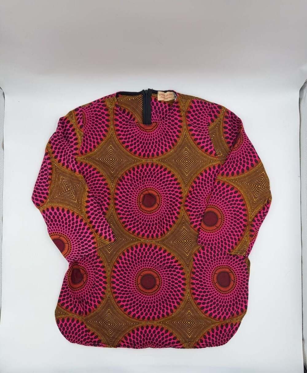 Gras-Fields African Print Tunic Top Pink Gold Geometric Long Sleeve Size 16 - Picture 2 of 4